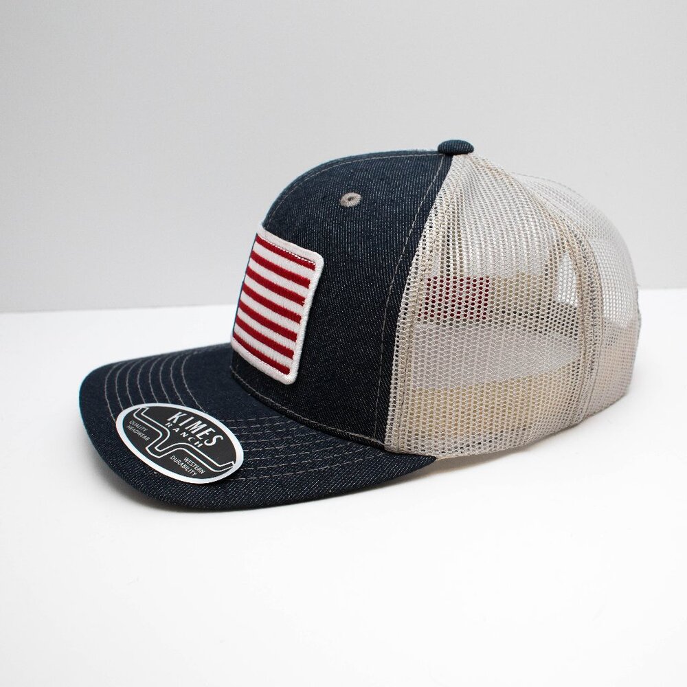 Kimes Ranch, American Flag Patch, Denim & Gray, Mesh, Snapback - Picture 4 of 5